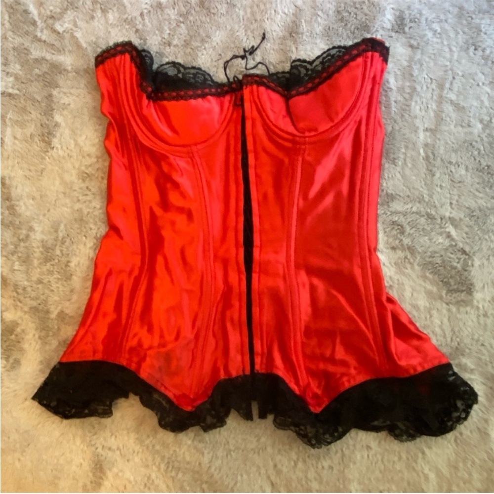 Vintage Red Satin Lace Trim Bustier Corset - datling body fashion USA
